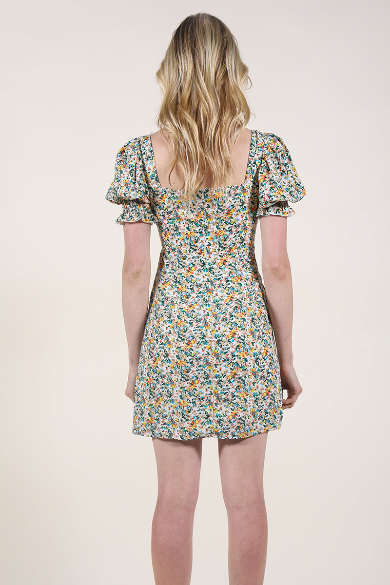 Ditsy floral puffed sleeve square neck milkmaid dress