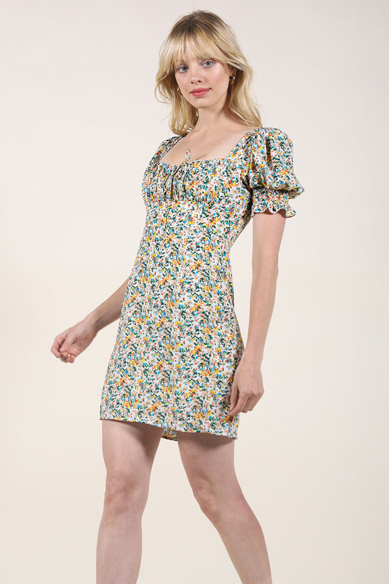 Ditsy floral puffed sleeve square neck milkmaid dress