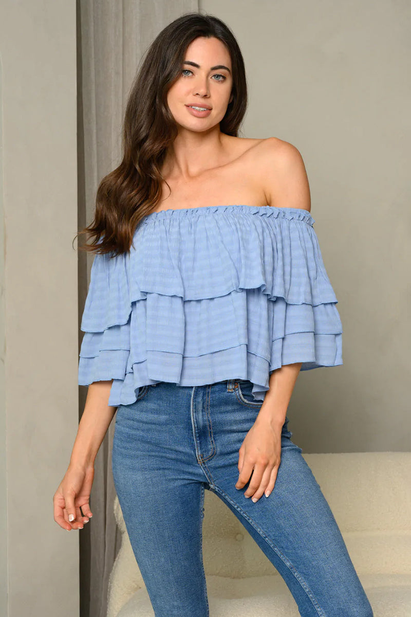 Tonal stripe off-shoulder multi-tiered loose-fit